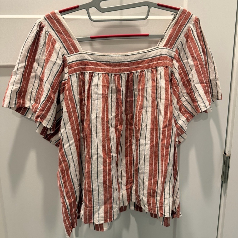 LOFT Linen Blend Striped Square Neck Top Womenโs Medium
